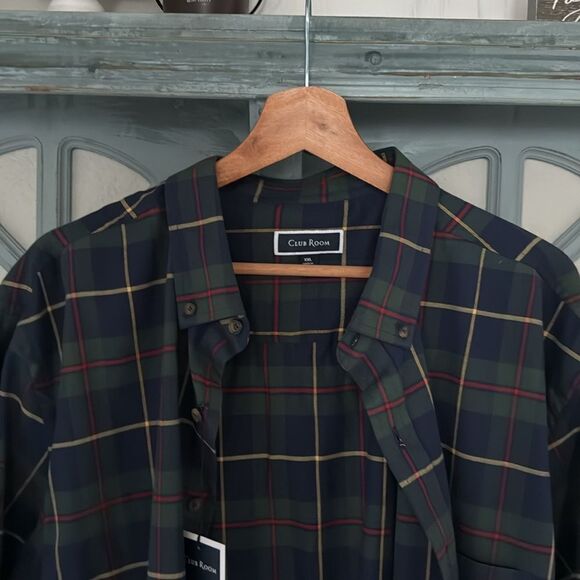 NWT Club Room Button Down XXL Stretch Moisture Wicking Cotton Plaid Tarten Blue - Picture 2 of 11